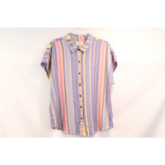 Marine Layer Top Womens L Linen Blend Short Sleeve Striped Button Up Cap Sleeve - Picture 1 of 9